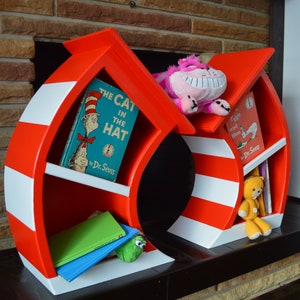 Set of Painted 4ft. Whimsical Bookcases, Alice in Wonderland Furniture, Whimsical furniture, leaning bookcase, curved bookshelf, curved Cat in the Hat