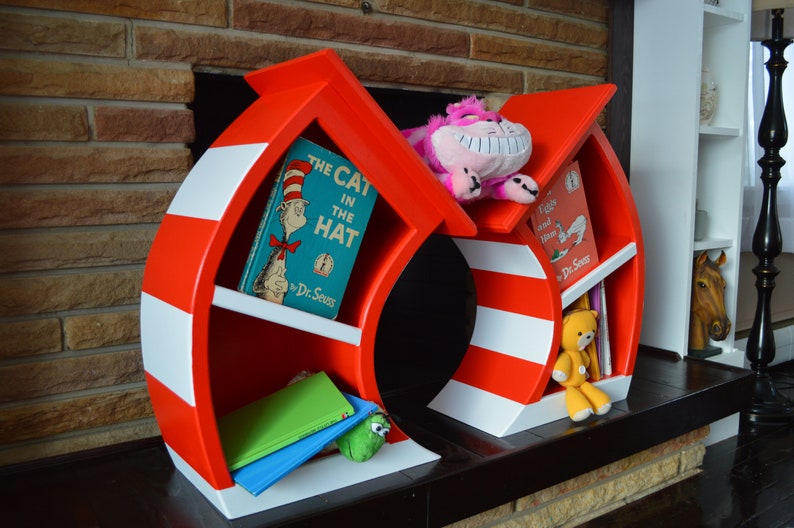 Set of Painted 4ft. Whimsical Bookcases, Alice in Wonderland Furniture, Whimsical furniture, leaning bookcase, curved bookshelf, curved Cat in the Hat