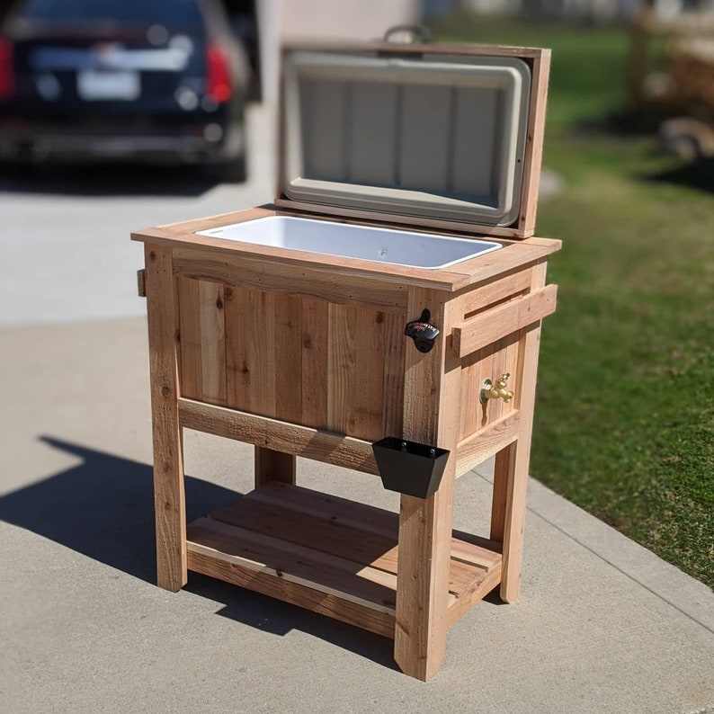 All weather 48-QT Rustic Cedar Chest Cooler Stand with Brass Drain, Bottle Opener, and Bottle Cap Catcher, beer cooler, christmas image 6