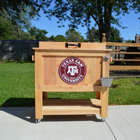 All Weather Texas A&M Rustic Ice Chest Cooler Stand With Brass Drain,  Bottle Opener, and Bottle Cap Catcher, College Football, Christmas 