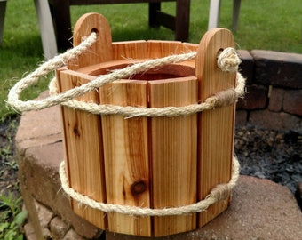 Cedar Planter Bucket with Rope Handle, Bucket Planter, Cedar Planter, garden planter, yard decor, well bucket, wishing well, garden decor