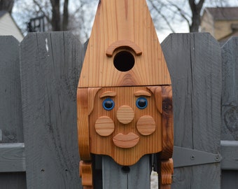 Female Gnome Birdhouse with Flush Mount Hardware, Gnome Cedar Birdhouse, Face Birdhouse, Wooden Birdhouse, Yard Decor, garden gnome, cedar