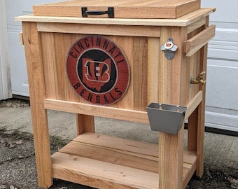 Cincinnati Bengals Rustic Ice Chest Cooler Stand with Brass Drain, Bottle Opener, and Bottle Cap Catcher, College Football, Christmas