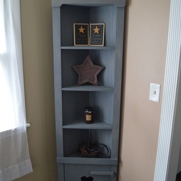 Large Country Corner Hutch with Wooden Hinges, Primitive Hutch, Corner Hutch, Corner Bookshelf, Corner Shelf, Country Decor, rustic decor