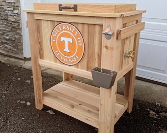 All Weather Tennessee Rustic Ice Chest Cooler Stand with Brass Drain, Bottle Opener, and Bottle Cap Catcher, College Football, Christmas