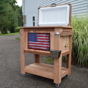 American Pride Rustic Ice Chest Cooler Stand with Brass Drain, Bottle Opener, and Bottle Cap Catcher, beer cooler, retirement gift, cedar