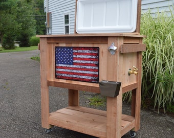 American Pride Rustic Ice Chest Cooler Stand with Brass Drain, Bottle Opener, and Bottle Cap Catcher, beer cooler, retirement gift, cedar