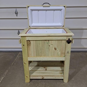 All weather 48-QT Rustic Cedar Chest Cooler Stand with Brass Drain, Bottle Opener, and Bottle Cap Catcher, beer cooler, christmas image 7