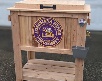 All Weather LSU Rustic Ice Chest Cooler Stand with Brass Drain, Bottle Opener, and Bottle Cap Catcher, College Football, Christmas