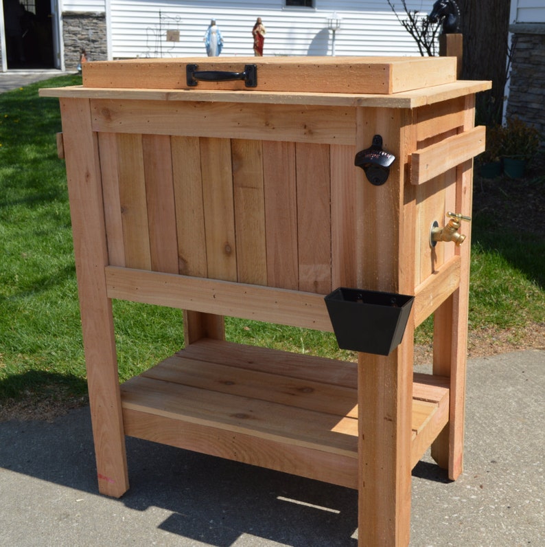 All weather 48-QT Rustic Cedar Chest Cooler Stand with Brass Drain, Bottle Opener, and Bottle Cap Catcher, beer cooler, father's day