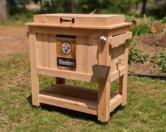 Pittsburgh Steelers Rustic Ice Chest Cooler Stand with Brass Drain, Bottle Opener, and Bottle Cap Catcher, Steelers, father's day