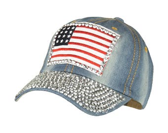 NUOVO cappellino da baseball con strass e bandiera USA