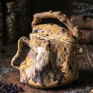 Hand-Sculpted Ceramic Teapot | Wabi Sabi Pottery with Wood Handle