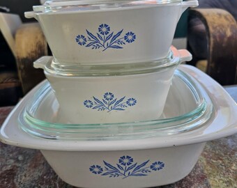 Vintage Corning Ware White Blue Cornflower 3 Piece Oven Set Used Big One Good