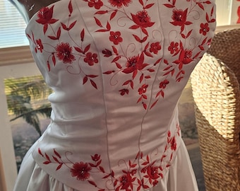 davids bridal wedding dress with red David's Formal Dresses Vintage Dress White and Red