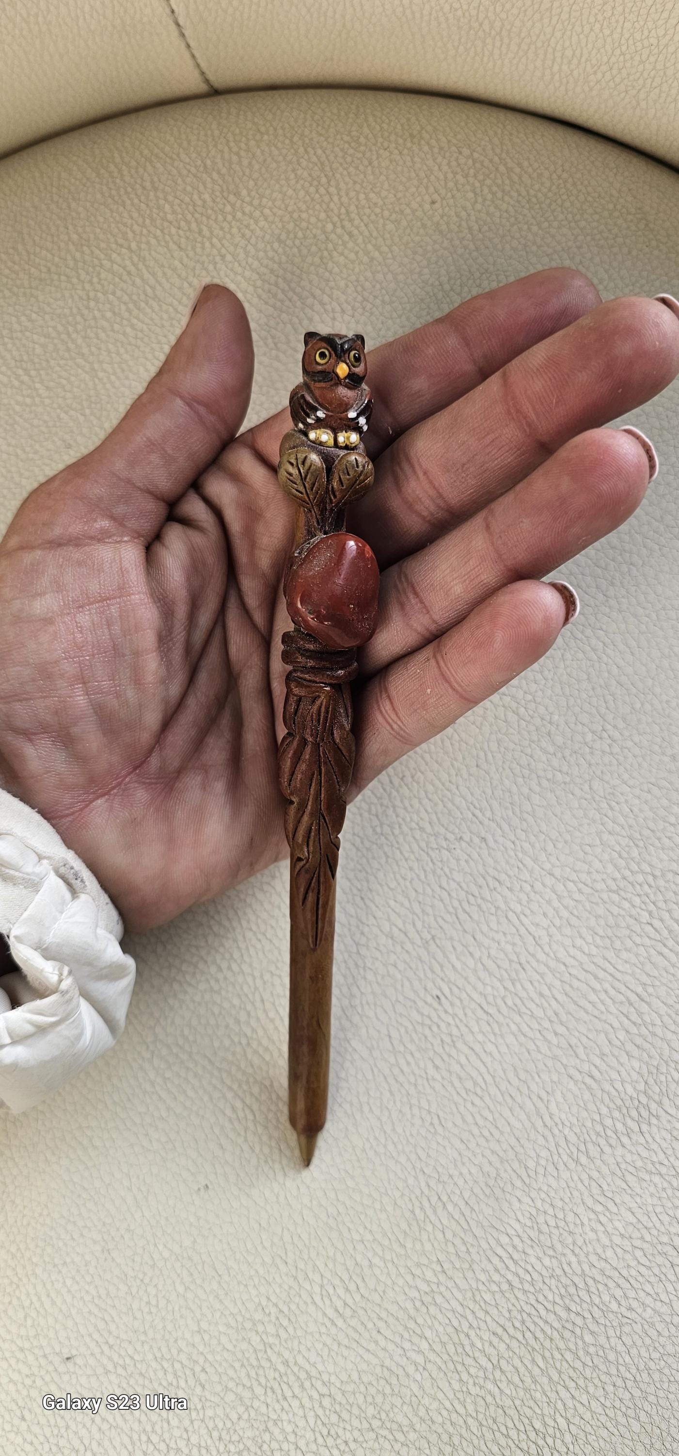 Vintage Handcrafted Owl Wood Pen W Stone /empty /box included but from different company