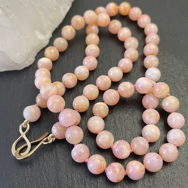 14K AAA Natural Peruvian Pink Opal Necklace Hand Knotted, OOAK, Statement Necklace, Gifts For Her, 14k Solid Gold