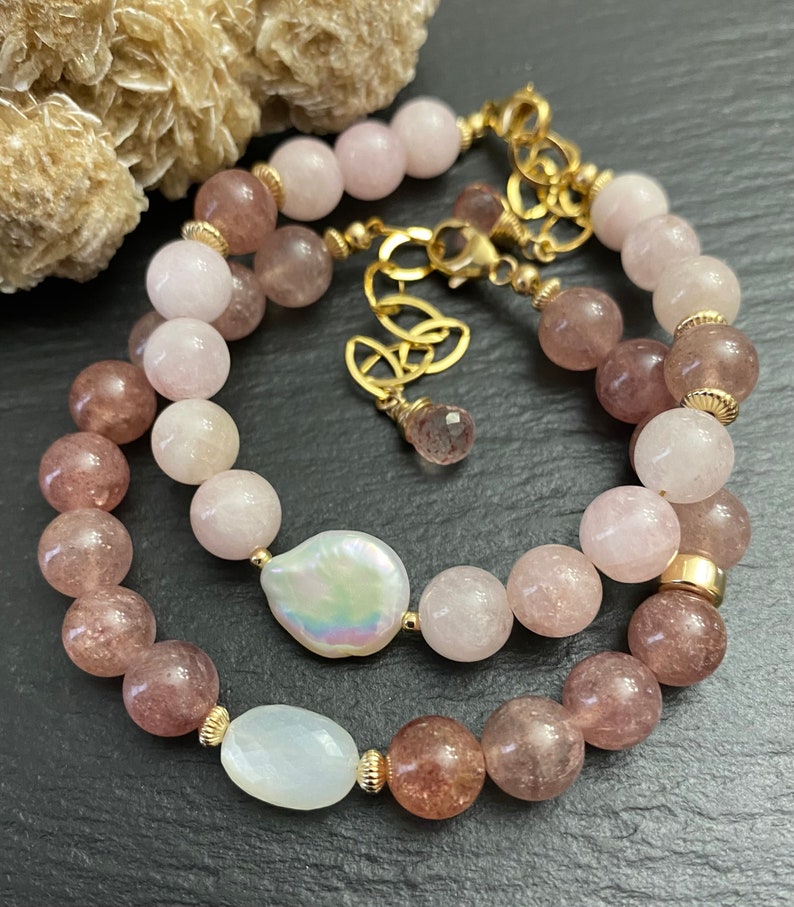 Strawberry Quartz /& Moonstone Bracelet