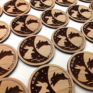 Engraved wood drink coasters with your custom logo or text. Great for business branding, holiday gifts for employees, or rustic wedding favors. Handcrafted and eco-conscious.
