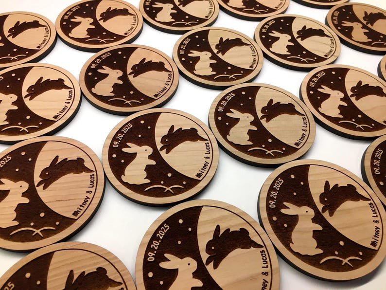 Engraved wood drink coasters with your custom logo or text. Great for business branding, holiday gifts for employees, or rustic wedding favors. Handcrafted and eco-conscious.