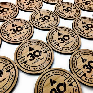 Bulk engraved wood coasters with custom logo, perfect for weddings, events, small business branding, and corporate gift sets.