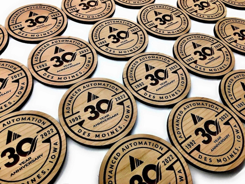 Bulk engraved wood coasters with custom logo, perfect for weddings, events, small business branding, and corporate gift sets.