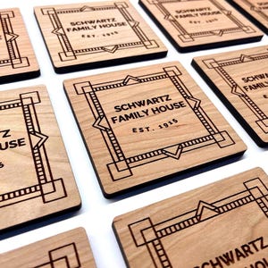Custom square drink coasters engraved with logos or names, perfect for personalized gifts, small business packaging, or rustic wedding décor. High-quality, handcrafted design.