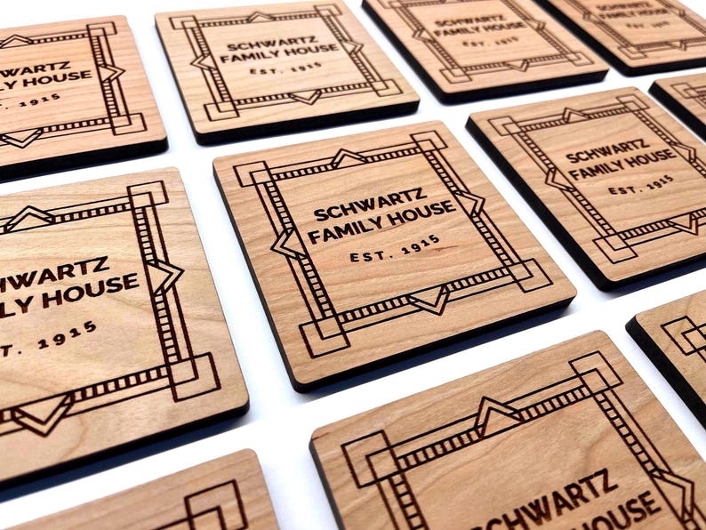 Custom square drink coasters engraved with logos or names, perfect for personalized gifts, small business packaging, or rustic wedding décor. High-quality, handcrafted design.