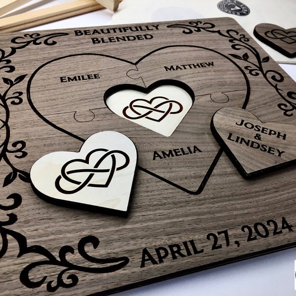 Custom Heart Puzzle Unity Ceremony Idea Wood Wedding Sign with Stand Blended Family Personalized Gift Engraved
