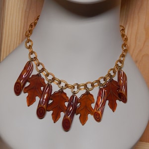 RARE Vintage Carved Bakelite Maple Leaves & Log, Dangle Necklace, Resin Finished Bakelite Dangle Charm Necklace, Celluloid Chain 30s 40s