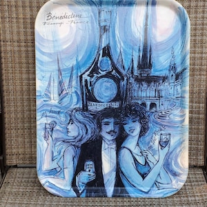Vintage Large Tray France Benedictine Liqueur, Advertising Tray, Paris Scene French People, Sailboats, Alcohol Blue Black Swirl Pink 18&quot;x13&quot;