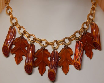 RARE Vintage Carved Bakelite Maple Leaves & Log, Dangle Necklace, Resin Finished Bakelite Dangle Charm Necklace, Celluloid Chain 30s 40s