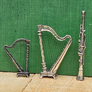 Sterling Silver Miniature Harp or Clarinet, Dollhouse Miniatures, Musical Gift, Choose One, Gift Idea, Vintage Sterling Instrument Gift Idea