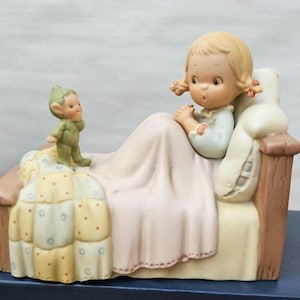Porcelain Figural Music Box by Mabel Lucie Attwell, Dream and Sweet Repose, Young Girl with Pixie at Bedtime, Its a Small World, Gift Idea