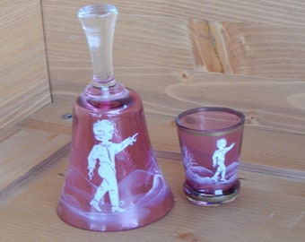 Vintage Cranberry Glass Hand Bell, Mary Gregory Style, Girl Painted on Cranberry Glass, Boy & Bird, Cranberry Glass, Shot Glass, Dinner Bell