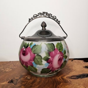 Antique Satin Glass Biscuit Jar Barrel with Metal Lid and Handle, Hand Painted Floral Cottage Chic, Tea Party, Vintage Kitchen Decor 1930s