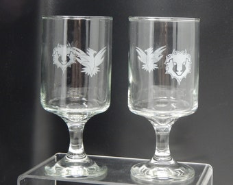 Vintage Bar glasses, Set of 6 Military Glasses, Barware, Stemmed Glass, Etched Glass, Lion, Eagle, Vintage Barware