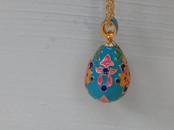 Enamel Floral Egg, Egg Shaped Pendant, Turquoise,… - image 5