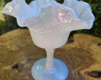 Vintage Iridescent White Ruffled Pedestal Glass Dish, Compote, Decorative Storage, Ruffled Edge Dish, White Home Decor, Gift Idea