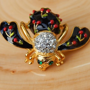 Vintage Bee Brooch, Enamel Cherry Bee Pin, Insect Jewelry, Gold Tone Crystal, Cherry Bumble Bee, Figural Brooch by Joan Rivers, Collectible