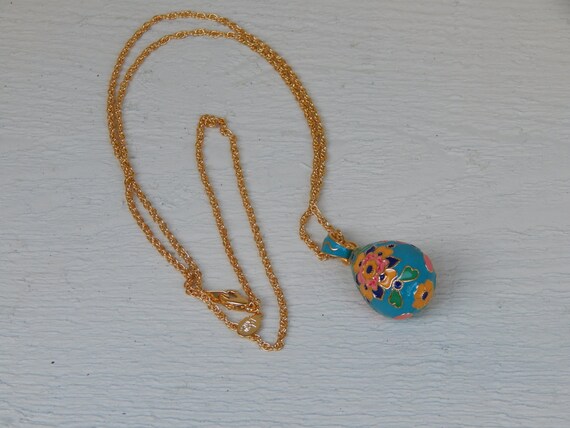 Enamel Floral Egg, Egg Shaped Pendant, Turquoise,… - image 4