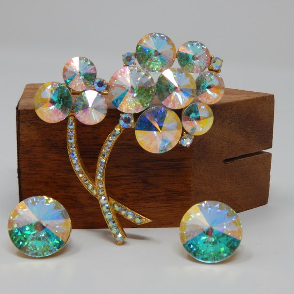 Vintage Weiss Flower Brooch, Clip On Earrings, Rivoli Jewelry Set, Super Sparkly Brooch, Hat Pin, Aurora Borealis Jewelry, 1950s 1960s