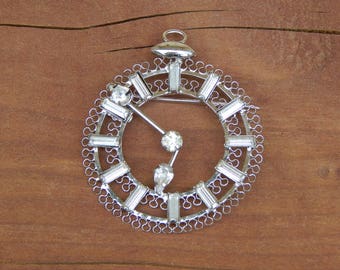 Vintage Sterling Clock Brooch and Pendant Baguette Cut Clear Crystals Mark the Hour, Figural Sterling Silver Clock Filigree Pendant