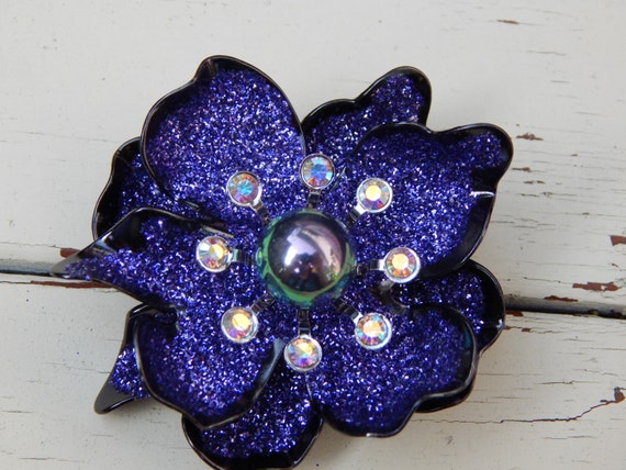 Purple Floral Brooch, Purple & Black Enamel, Auror