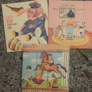 Vintage Childrens Illustrated, Fold Out Books, Collectible Panoramic Books, Lets Eat Lets Play, and Merry Go Round Book, Illustrated Books image 1