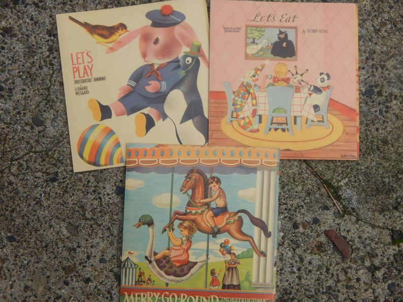 Vintage Childrens Illustrated, Fold Out Books, Collectible Panoramic Books, Lets Eat Lets Play, and Merry Go Round Book, Illustrated Books image 1