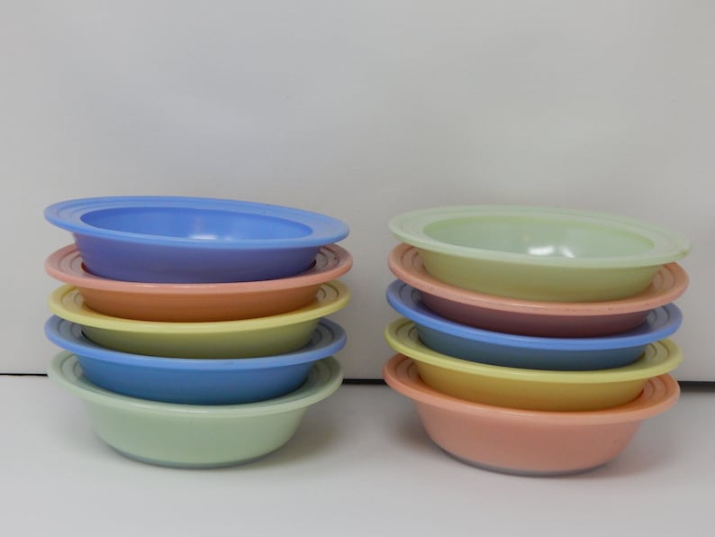 Blue Pink Hazel-Atlas Moderntone Yellow Pastel Bowls Platonite 40s 50s Set of 8 Vintage Small Bowls Retro Berry Bowls Green