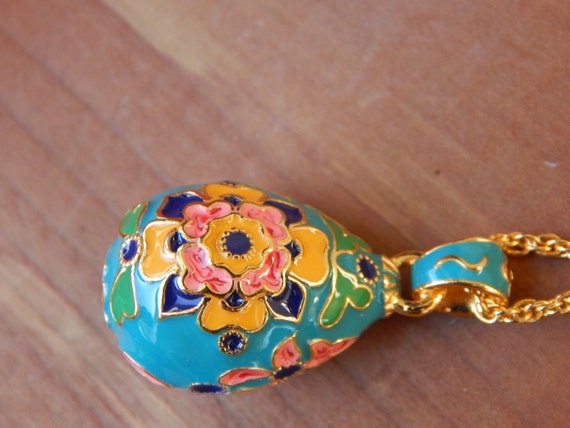 Enamel Floral Egg, Egg Shaped Pendant, Turquoise,… - image 3