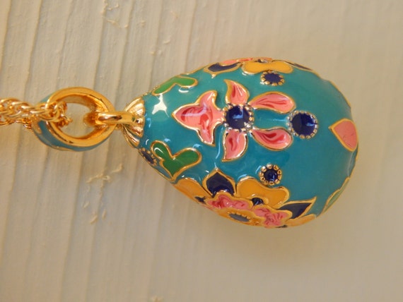 Enamel Floral Egg, Egg Shaped Pendant, Turquoise,… - image 2