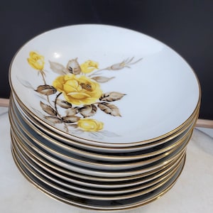 Vintage Fruit Bowls Yellow Rose Floral China Gold Accents, Antique China, Tea Party Dishes, Set of 5 Shallow Bowls, Berry Dessert Plate